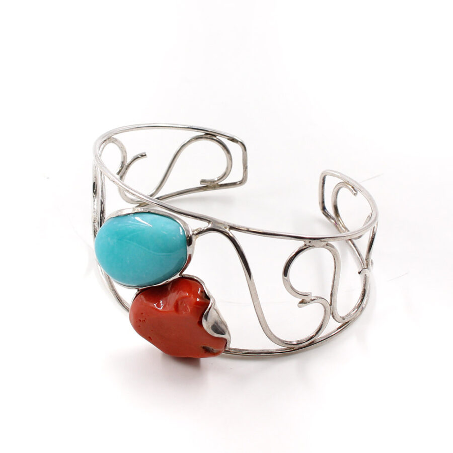 Bracciale in argento 925‰ modello schiava con spole di corallo ed amazzonite - immagine 6