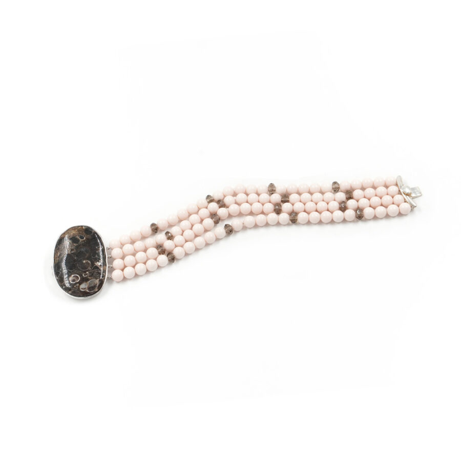 Bracciale Multifilo con pasta di corallo rosa, quarzo fumè, turitella e chiusura in argento 925 – Rodiato