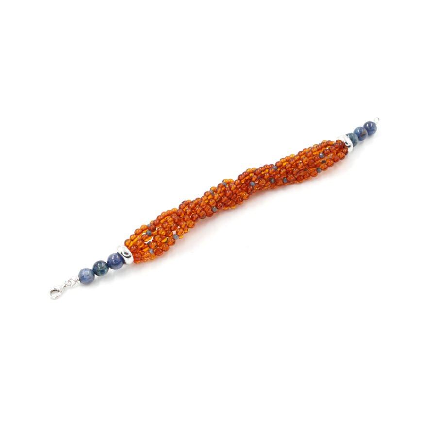 Bracciale torchon di ambra, cianite, zaffiri e chiusura in argento 925‰ - Rodiato