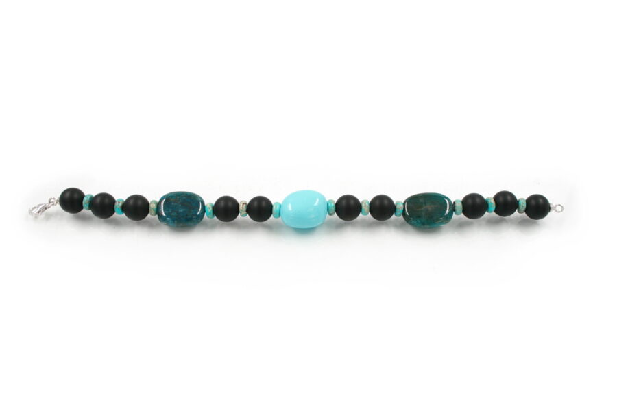 Bracciale agata nera satinata, diaspro imperiale, apatite e pasta di turchese e chiusura in argento 925‰ - immagine 2