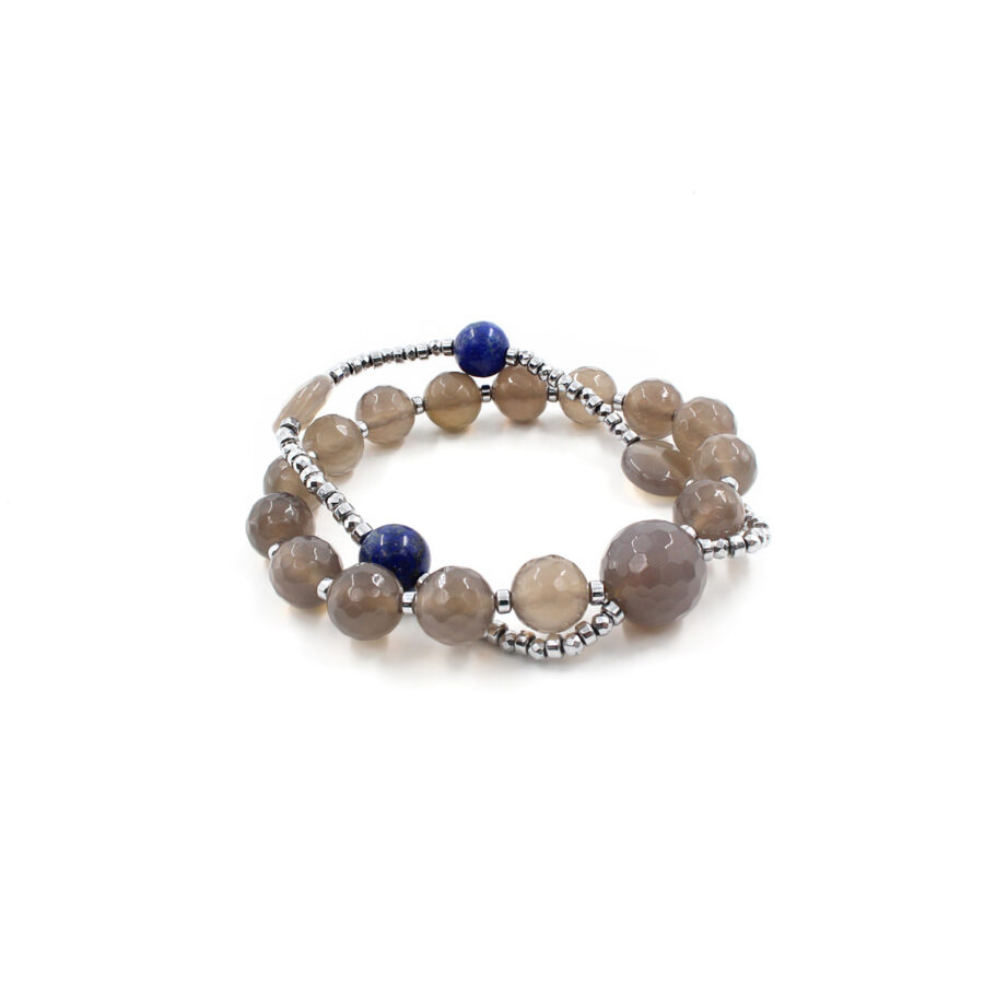 Bracciale elastico a doppio filo con agata grigia, lapis ed ematite