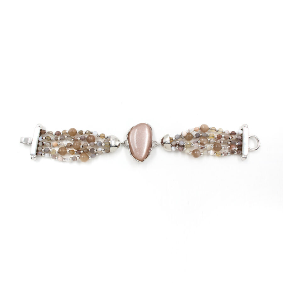 Bracciale Multifilo con agata botswana, pietra di luna, pietra del sole e chiusura in argento 925‰ - Rodiato