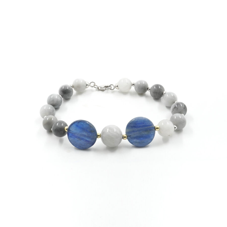 Bracciale con occhio d'aquila, cianite e chiusura in argento 925‰ - Rodiato