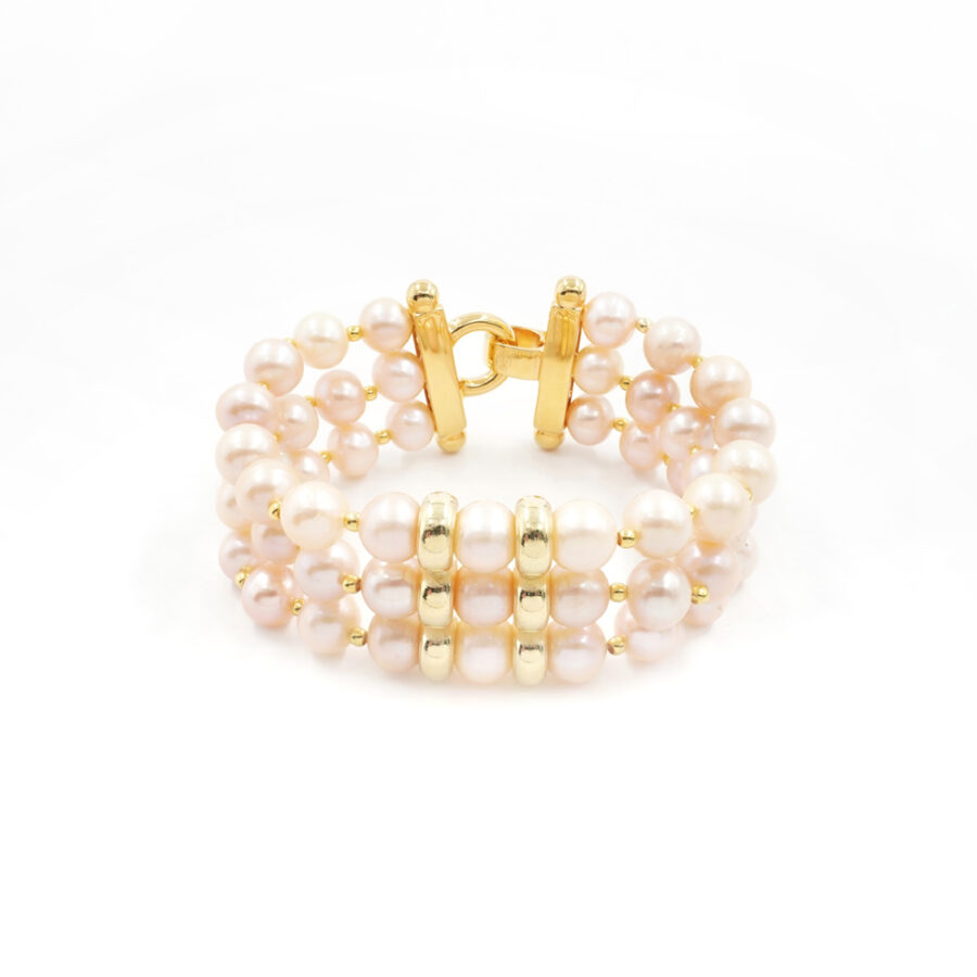 Bracciale Multifilo con perle color naturale e chiusura in argento 925‰ - Dorato