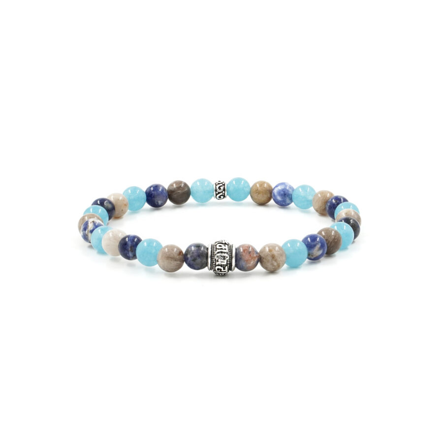 Bracciale Elastico con sodalite arancio, astrofilite, quarzo spugna azzurro e elemento in argento 925‰ Brunito