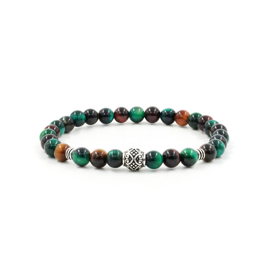 Bracciale Elastico con occhio di tigre giallo e verde e elemento in argento 925‰ Brunito