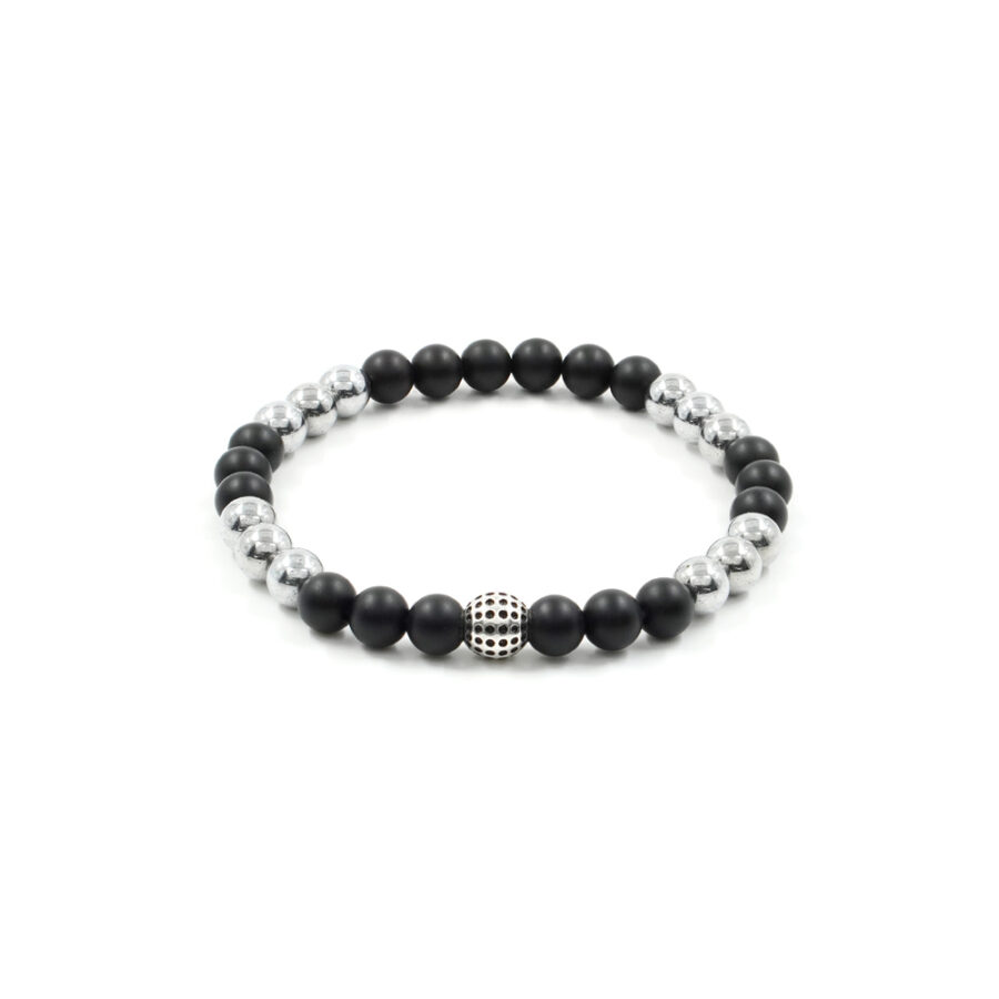 Bracciale Elastico con agata nera satinata, ematite e elemento in argento 925‰ Brunito