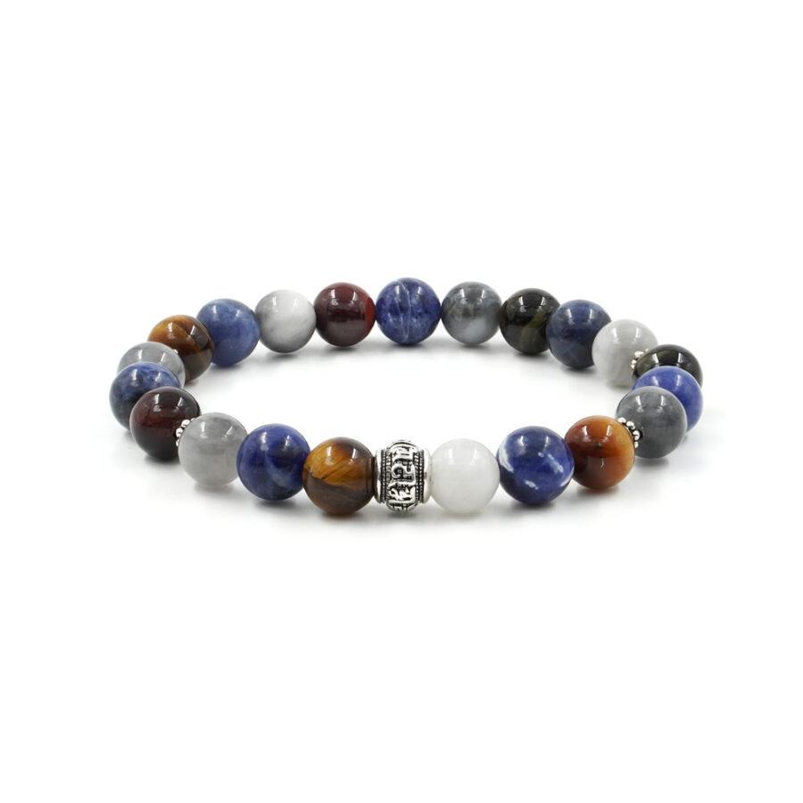 Bracciale Elastico con occhio d'aquila e di tigre,sodalite e elemento in argento 925‰ Brunito