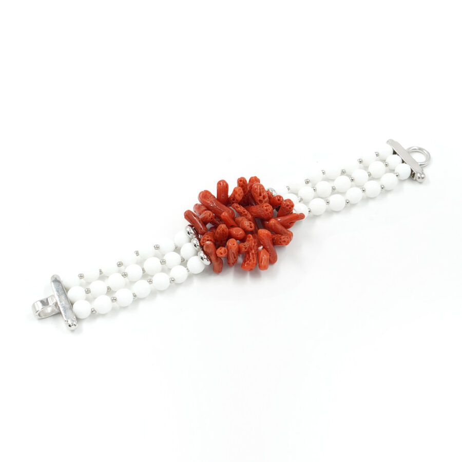 Bracciale Multifilo con agata bianca, corallo e chiusura in argento 925 – Rodiato