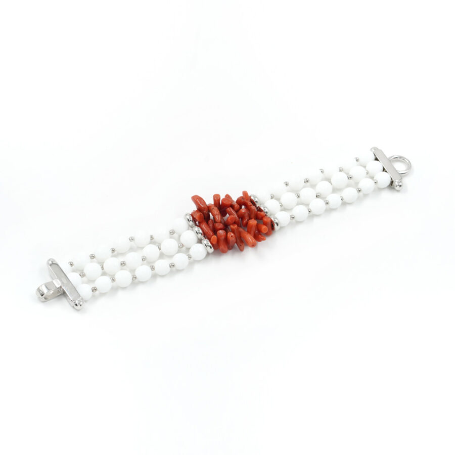 Bracciale Multifilo con agata bianca, corallo e chiusura in argento 925 – Rodiato - immagine 2