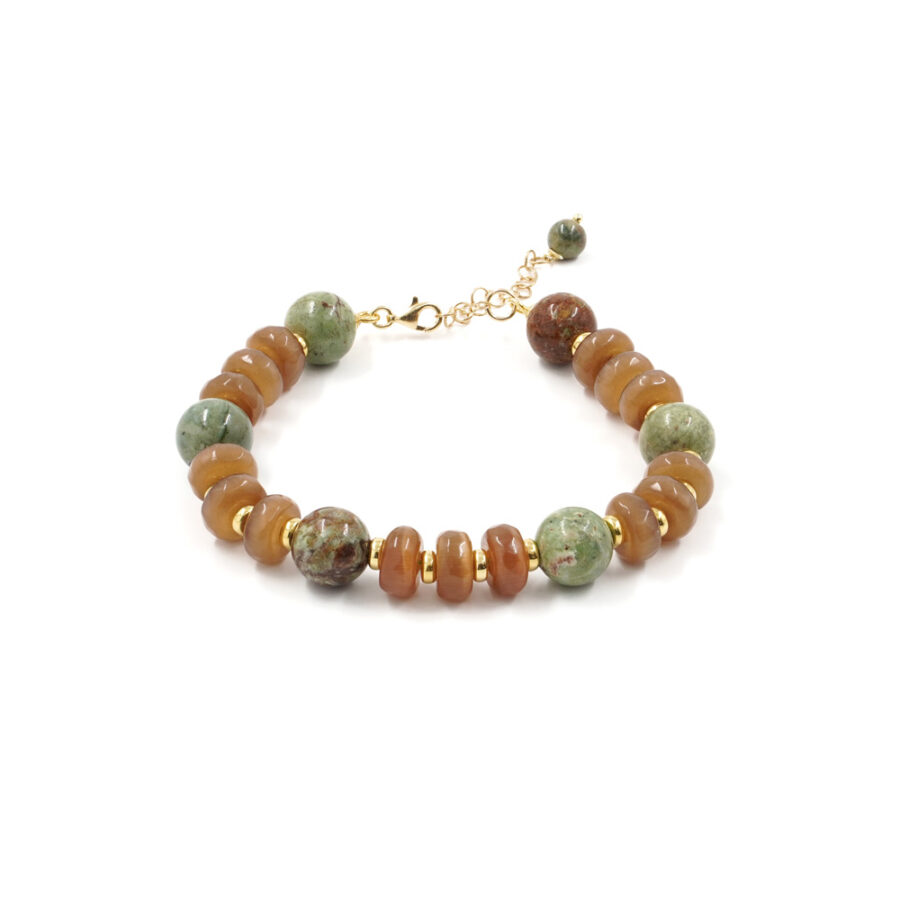 Bracciale con occhio di gatto marrone, riolite e opale verde con chiusura in argento 925 – Dorato