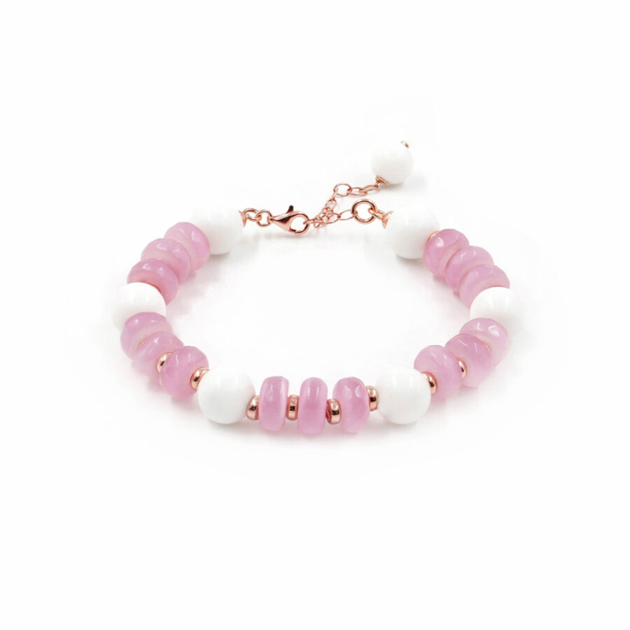 Bracciale con occhio di gatto rosa e agata bianca con chiusura in argento 925 – Rosato