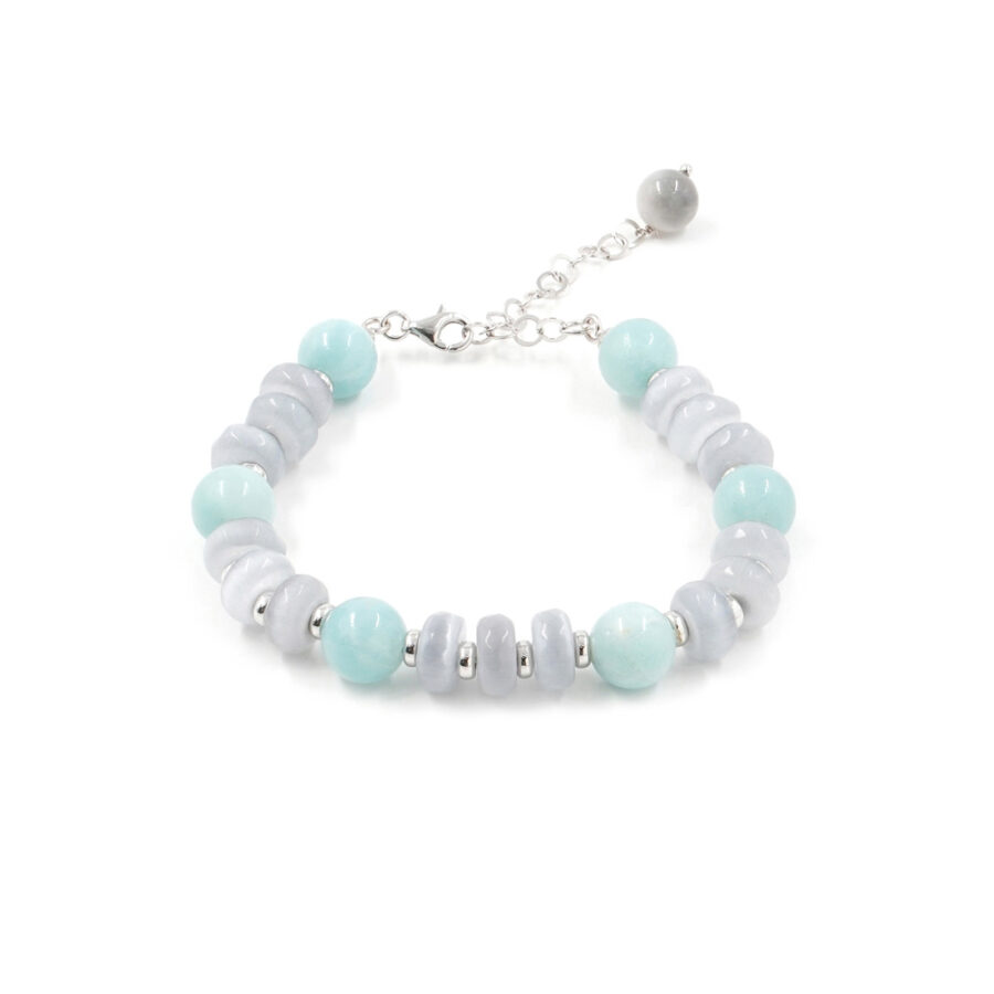 Bracciale con occhio di gatto grigio e amazzonite con chiusura in argento 925 – Rodiato