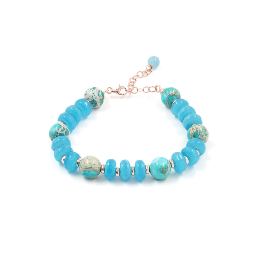 Bracciale con occhio di gatto azzurro e diaspro imperiale con chiusura in argento 925 – Rosato