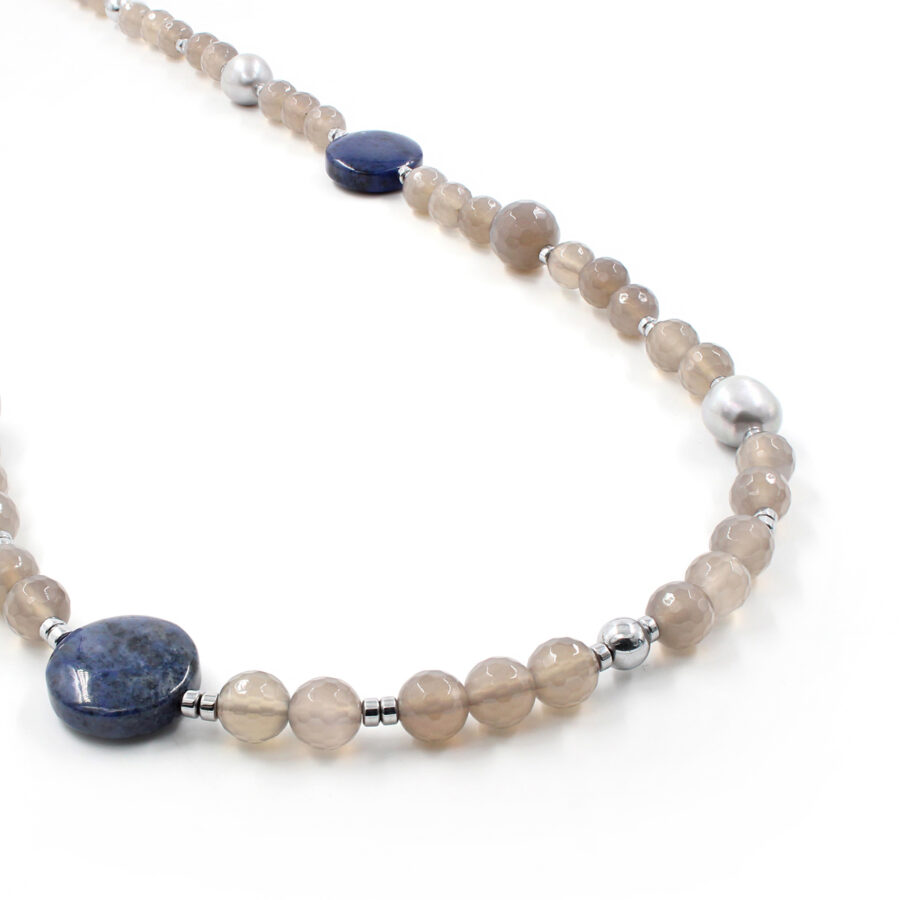 Collana agata grigia, dumortierite, ematite e chiusura in argento 925‰