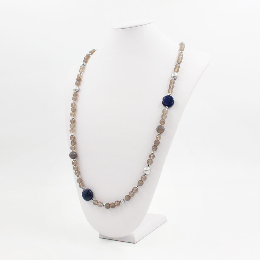Collana agata grigia, dumortierite, ematite e chiusura in argento 925‰ - immagine 2