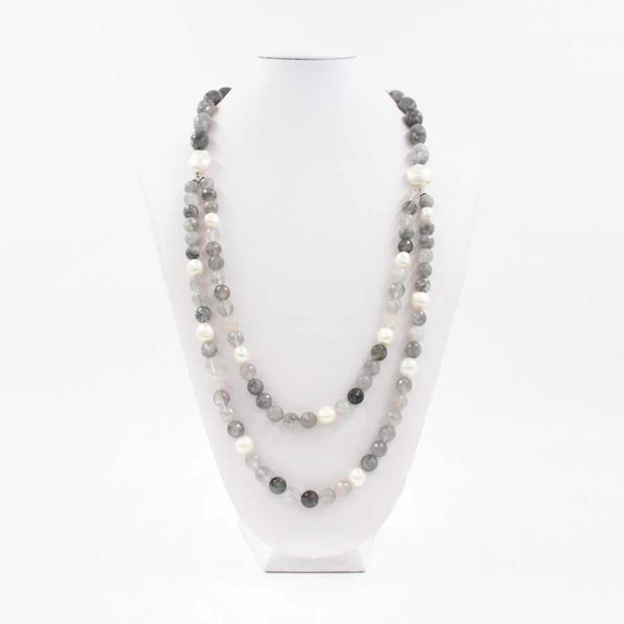 Collana Multifilo con quarzo grigio, perle e chiusura in argento 925‰ - immagine 2