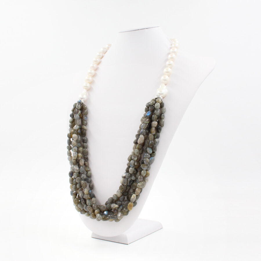 Collana Multifilo con perle, labradorite e elementi in argento 925‰