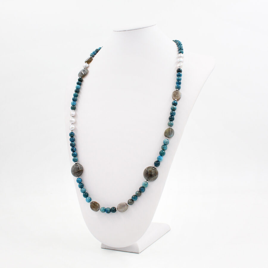 Collana apatite, labradorite, perle, quarzo grigio e chiusura in argento 925‰ - immagine 2
