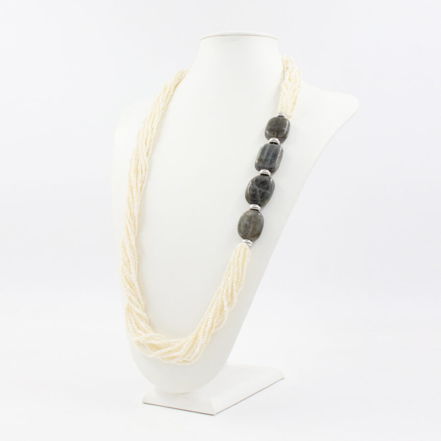 Collana Multifilo con torchon di microperle, labradorite e chiusura in argento 925‰