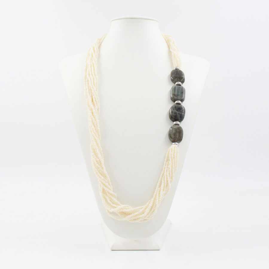 Collana Multifilo con torchon di microperle, labradorite e chiusura in argento 925‰ - immagine 2