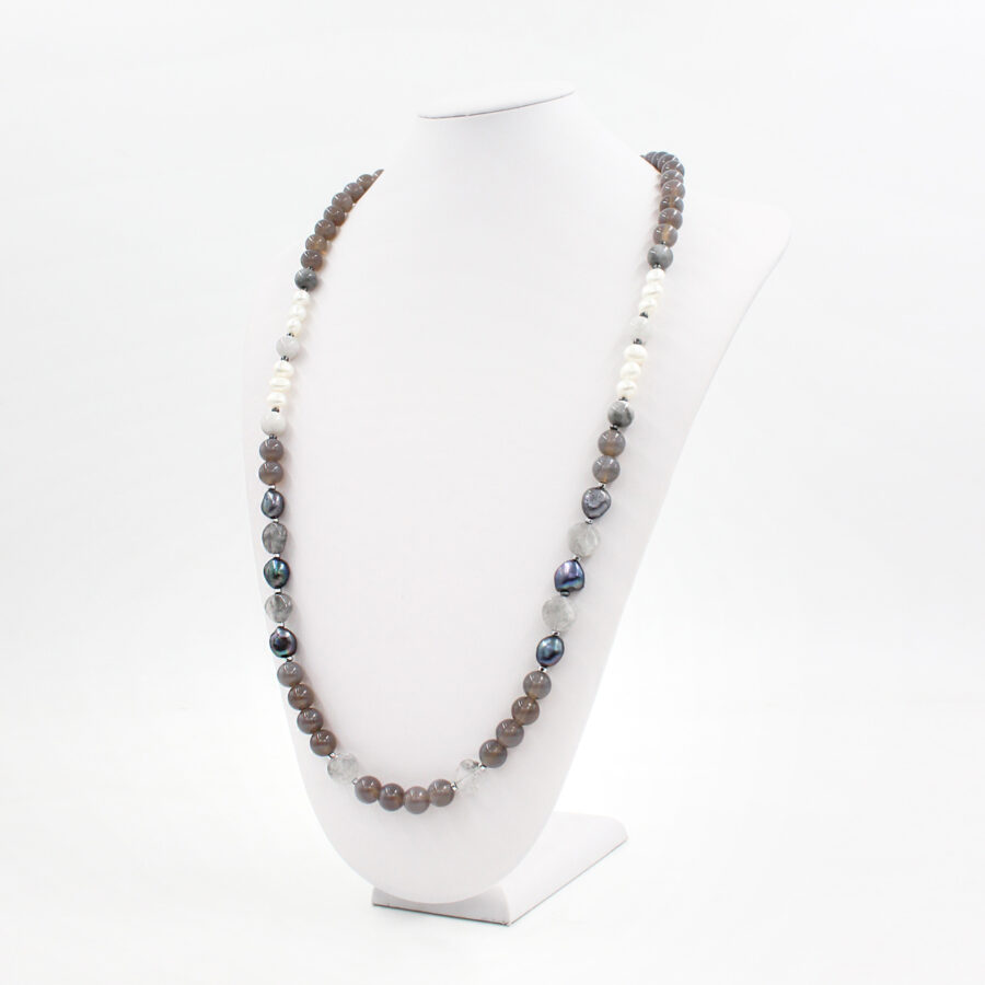 Collana agata grigia, occhio d'aquila, perle e quarzo grigio e chiusura in argento 925‰ - immagine 2