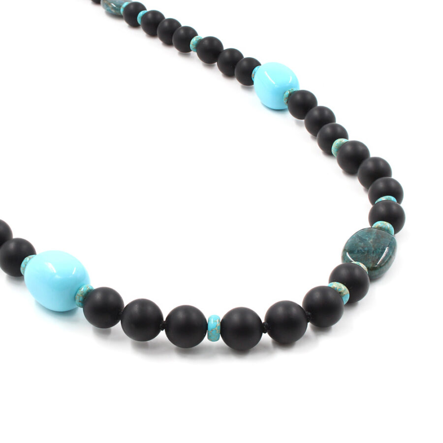 Collana con agata nera, pasta di turchese, apatite e diaspro imperiale e chiusura in argento 925‰ - Rodiato