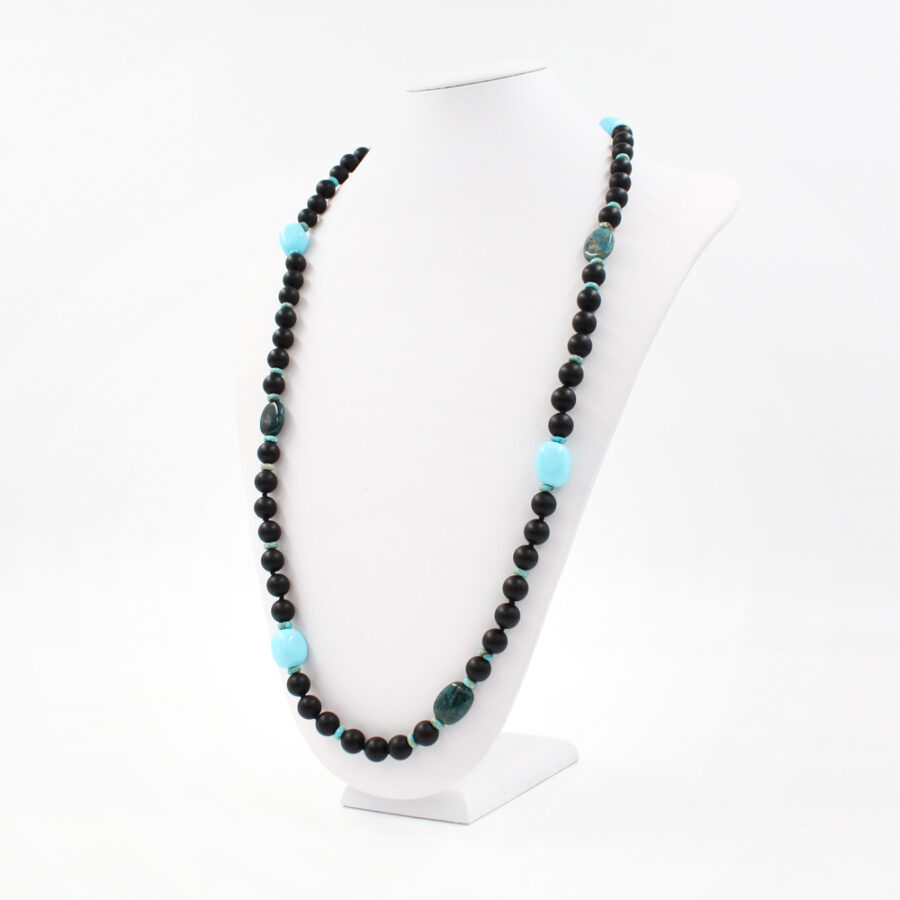Collana con agata nera, pasta di turchese, apatite e diaspro imperiale e chiusura in argento 925‰ - Rodiato - immagine 2