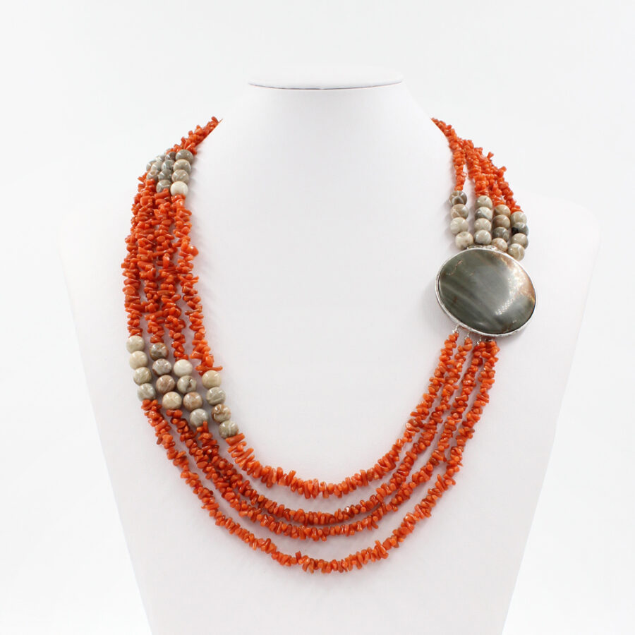 Collana Multifilo con corallo fossile, chips corallo e elemento di diaspro in chiusura in argento 925‰ - immagine 2