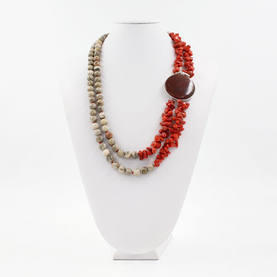 Collana Multifilo con corallo fossile, corallo rosso e elemento di diaspro in chiusura in argento 925‰ - immagine 2