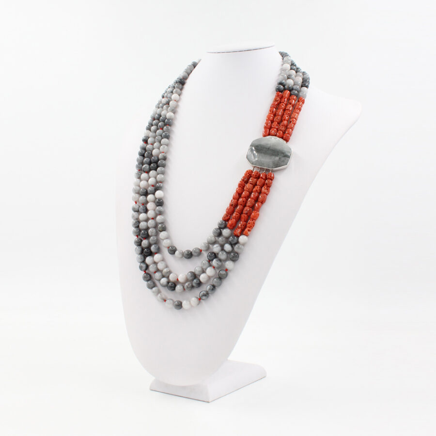 Collana Multifilo con occhio d'aquila, corallo, e elemento di occhio d'aquila in chiusura in argento 925‰