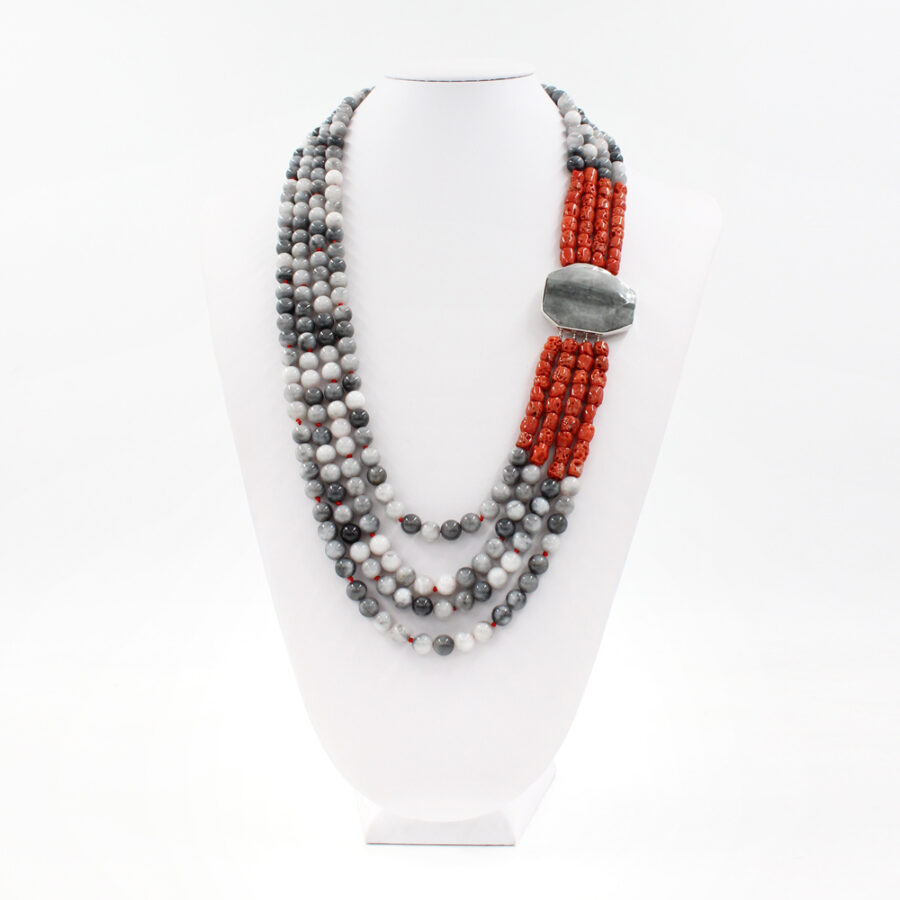 Collana Multifilo con occhio d'aquila, corallo, e elemento di occhio d'aquila in chiusura in argento 925‰ - immagine 2
