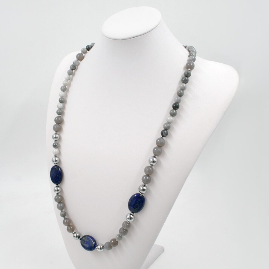 Collana con agata grigia e occhio d'aquila, ematite ed ovali di lapis e chiusura in argento 925‰ - immagine 2