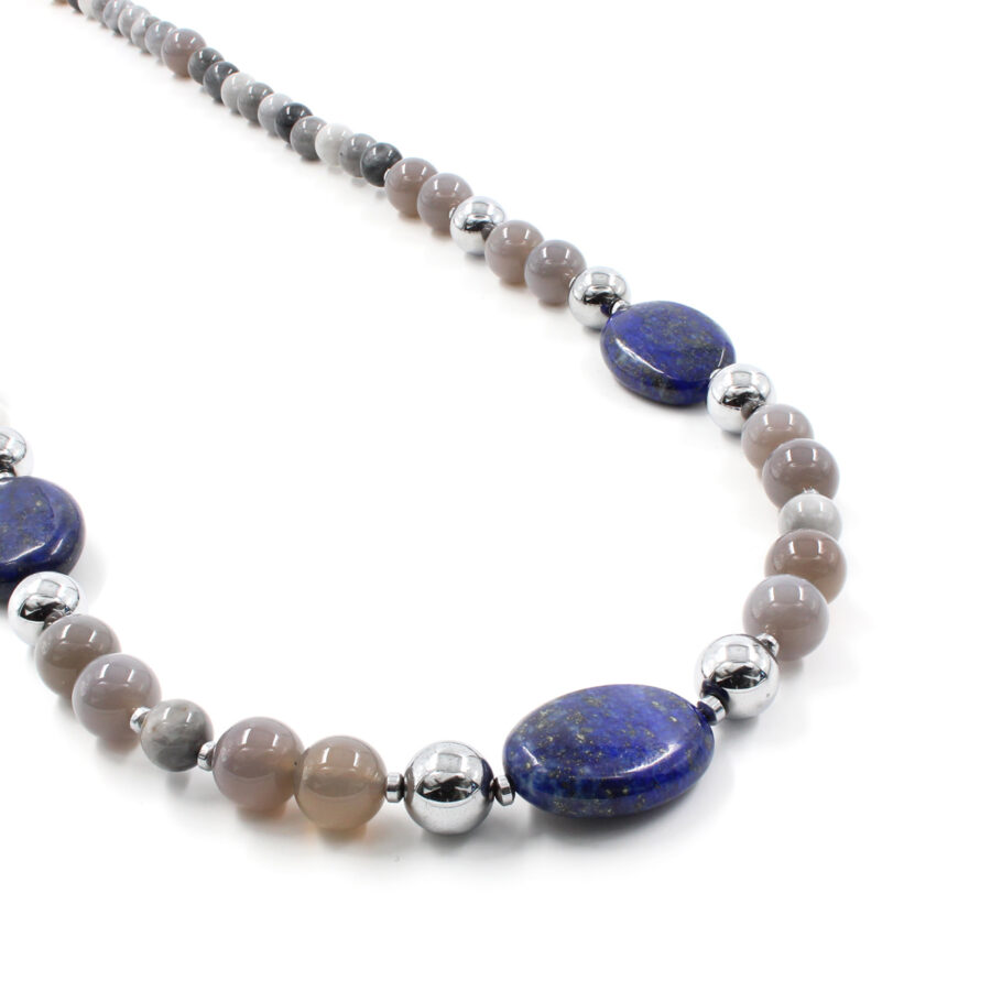 Collana con agata grigia e occhio d'aquila, ematite ed ovali di lapis e chiusura in argento 925‰