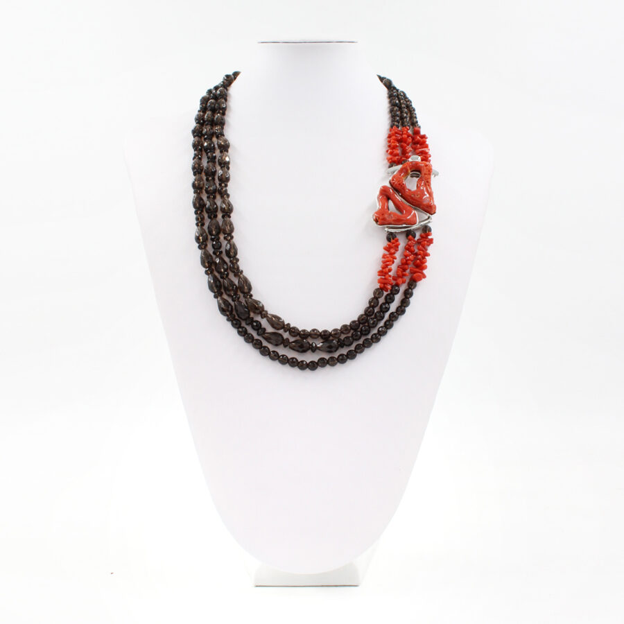 Collana Multifilo con quarzo fumè, corallo e elementi di corallo in chiusura in argento 925‰ - immagine 2