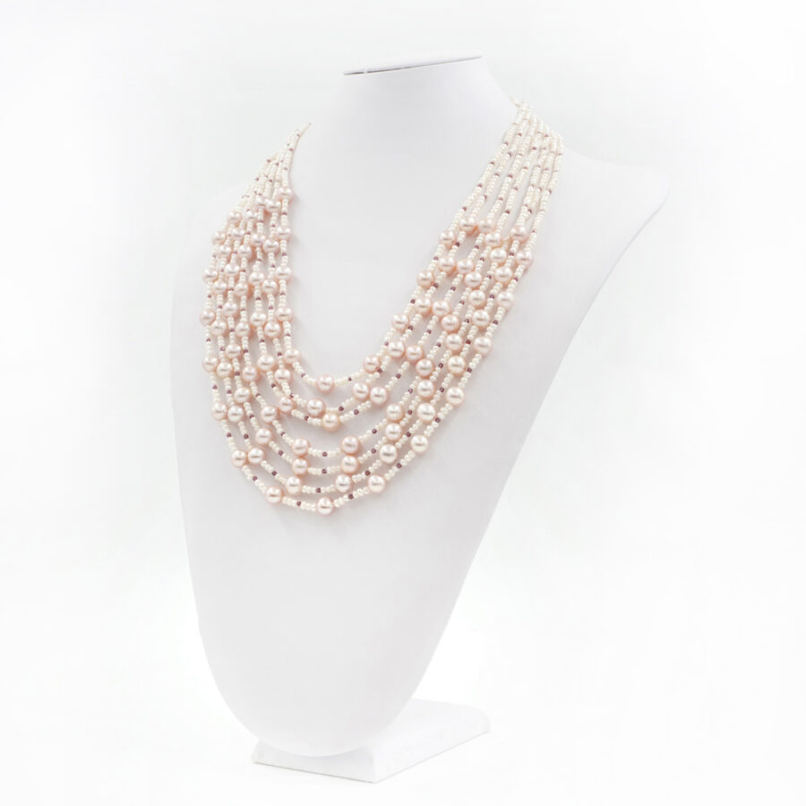 Collana Multifilo con microperle, granato e chiusura in argento 925‰ - Rosato