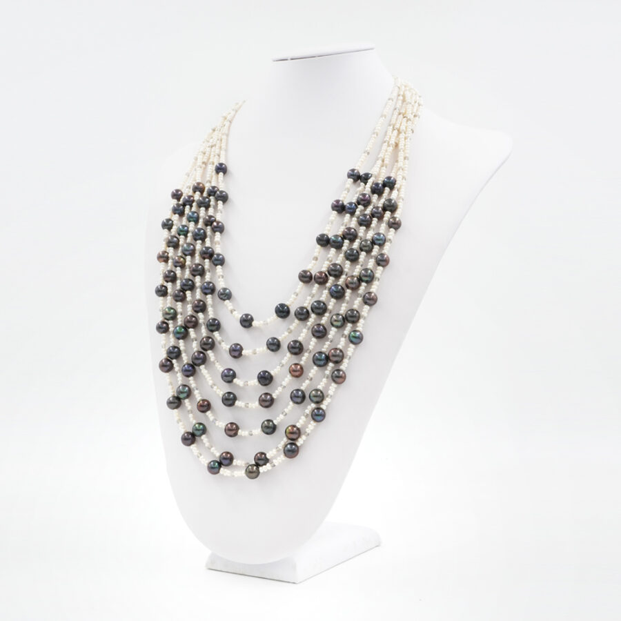 Collana Multifilo con microperle, labradorite e chiusura in argento 925‰ - Rodiato
