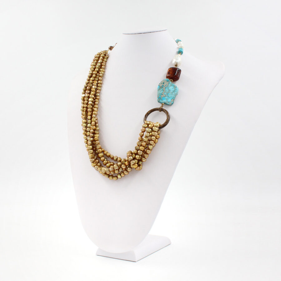 Collana Multifilo con perle, diaspro, ambra e chiusura in argento 925‰