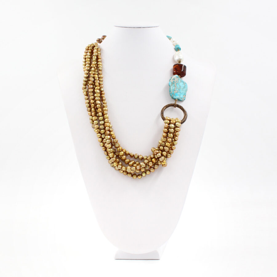 Collana Multifilo con perle, diaspro, ambra e chiusura in argento 925‰ - immagine 2