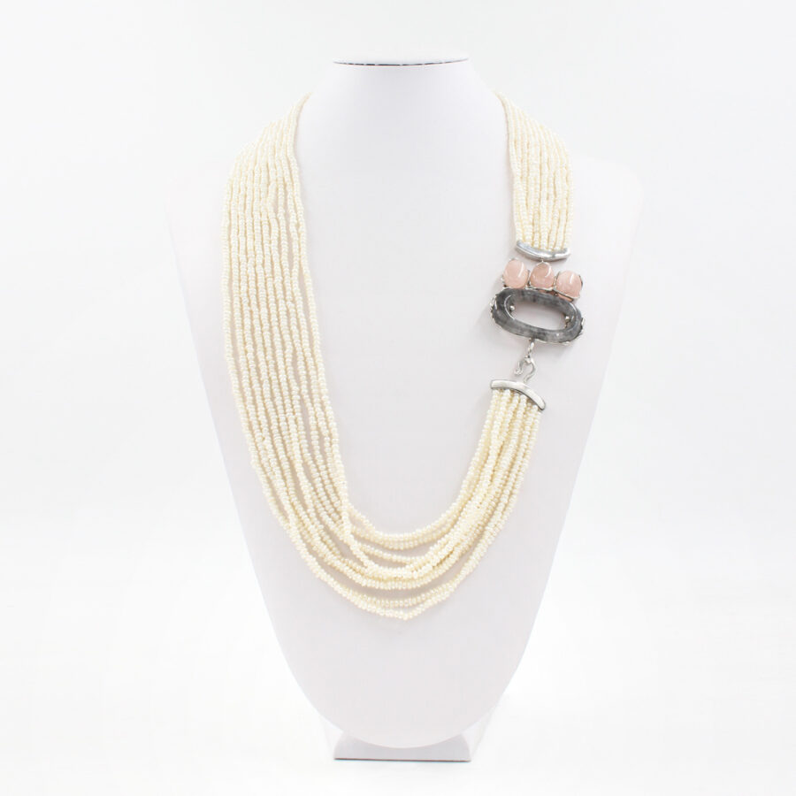 Collana Multifilo con microperle, e elementi di quarzo grigio e morganite in chiusura in argento 925‰ - immagine 2
