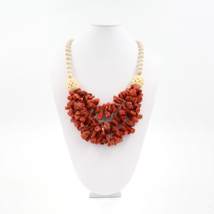 Collana Multifilo con diaspro, corallo, elementi in osso e chiusura in argento 925‰ - immagine 2