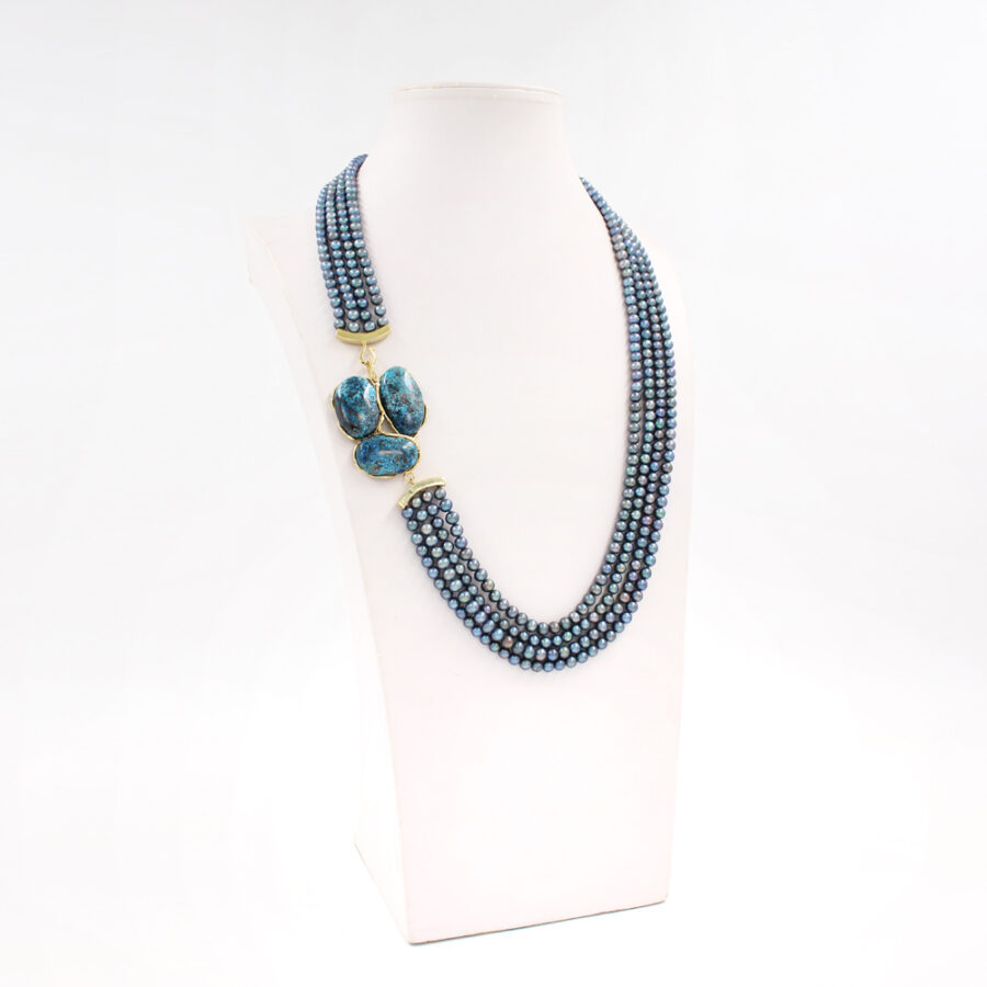 Collana Multifilo con perle, e elementi di crisocolla in chiusura in argento 925‰