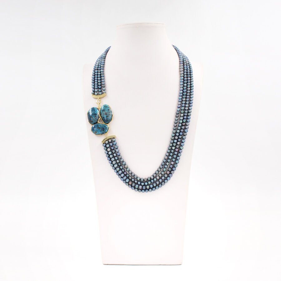 Collana Multifilo con perle, e elementi di crisocolla in chiusura in argento 925‰ - immagine 2
