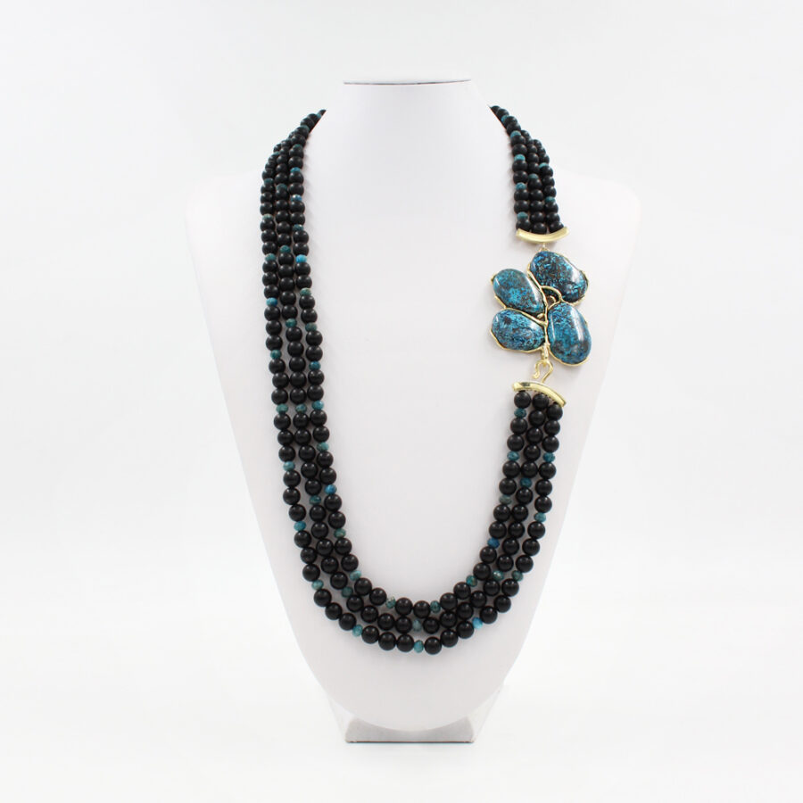 Collana Multifilo con agata nera satinata, apatite e elementi di crisocolla in chiusura in argento 925‰ - immagine 2