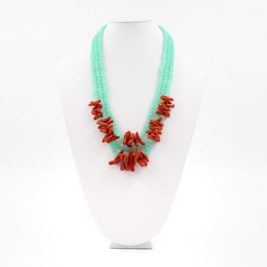 Collana Multifilo con quarzo verde e corallo rosso e chiusura in argento 925‰ - immagine 2