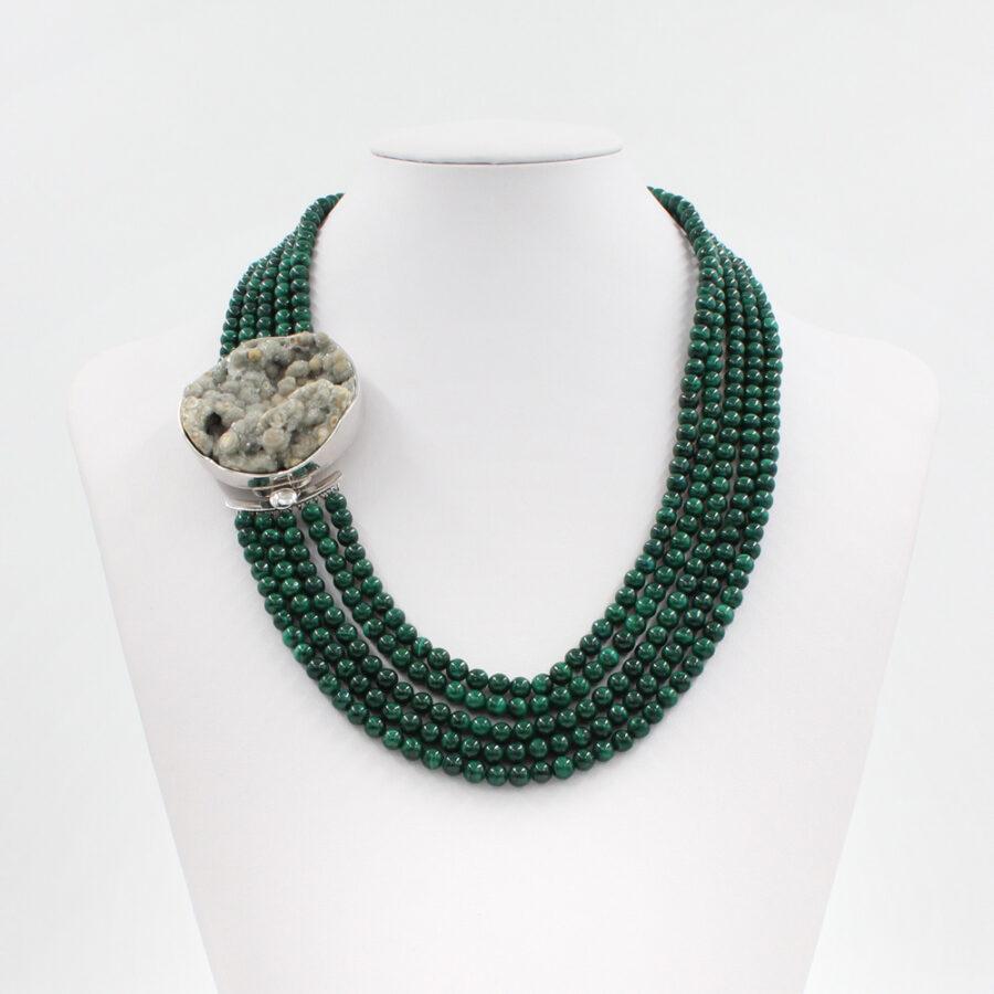 Collana Multifilo con malachite e elemento di agata druse in chiusura in argento 925‰ - immagine 2