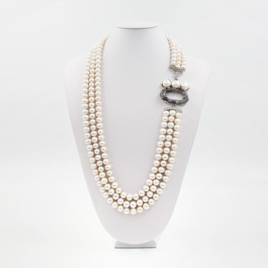 Collana Multifilo con perle e elementi di quarzo grigio in chiusura in argento 925‰ - immagine 2