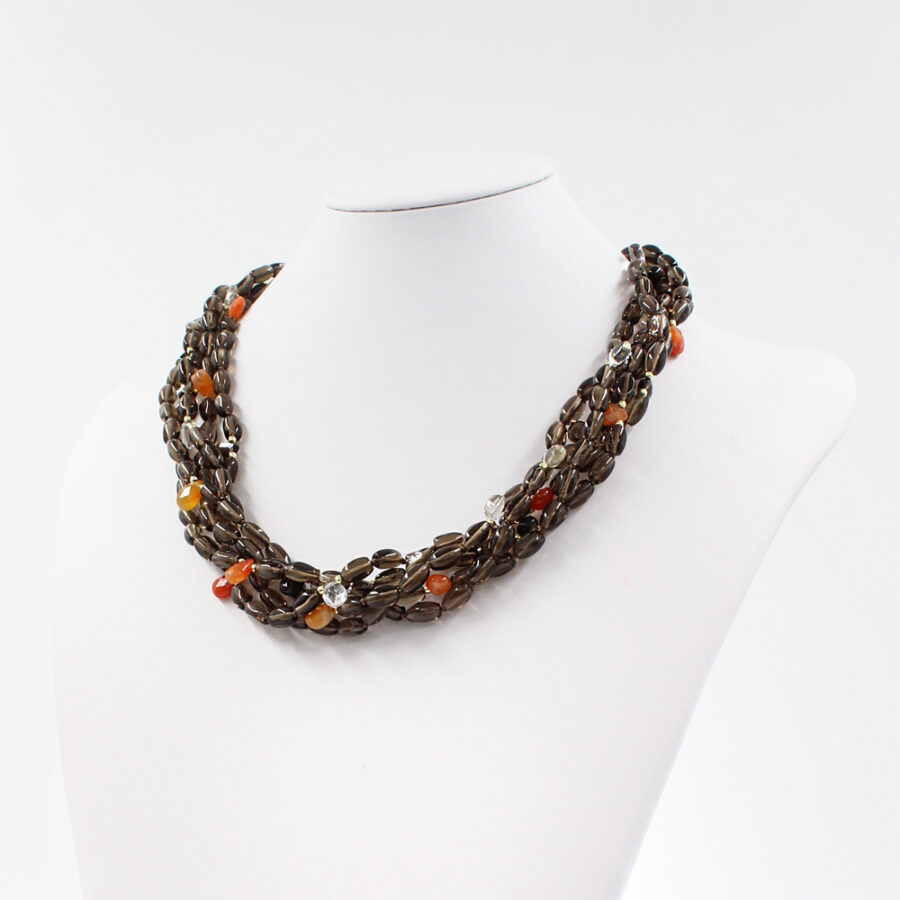 Collana Multifilo a torchon con quarzo fumè, gocce di agata rossa e cristallo di rocca e chiusura in agata rossa