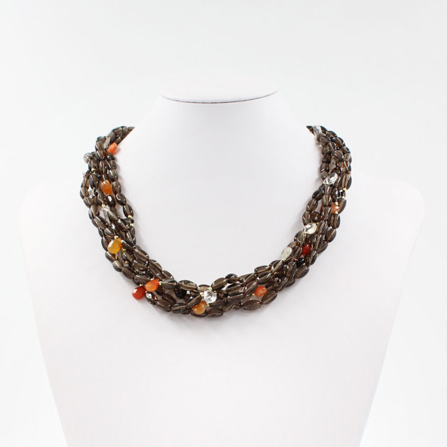 Collana Multifilo a torchon con quarzo fumè, gocce di agata rossa e cristallo di rocca e chiusura in agata rossa - immagine 2