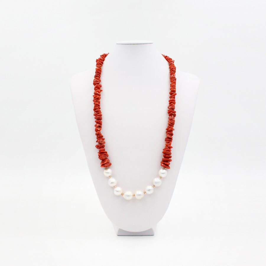 Collana con chips di corallo rosso, perle, e elementi e chiusura in argento 925‰ - Rosato - immagine 2
